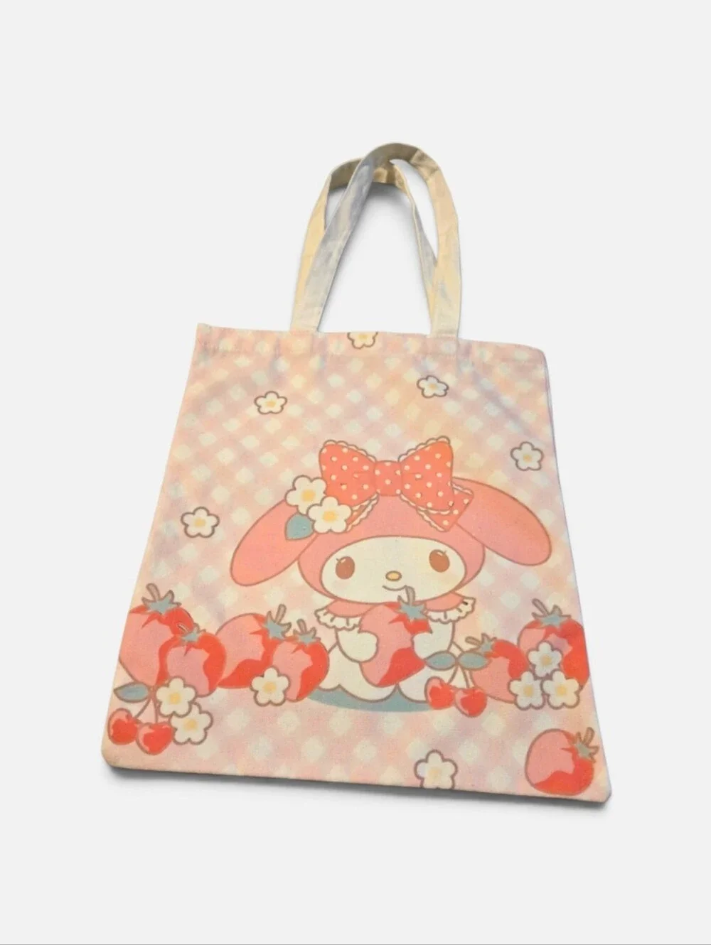 Pink Cartoon Bunny Tote Bag with Strawberry Motif
